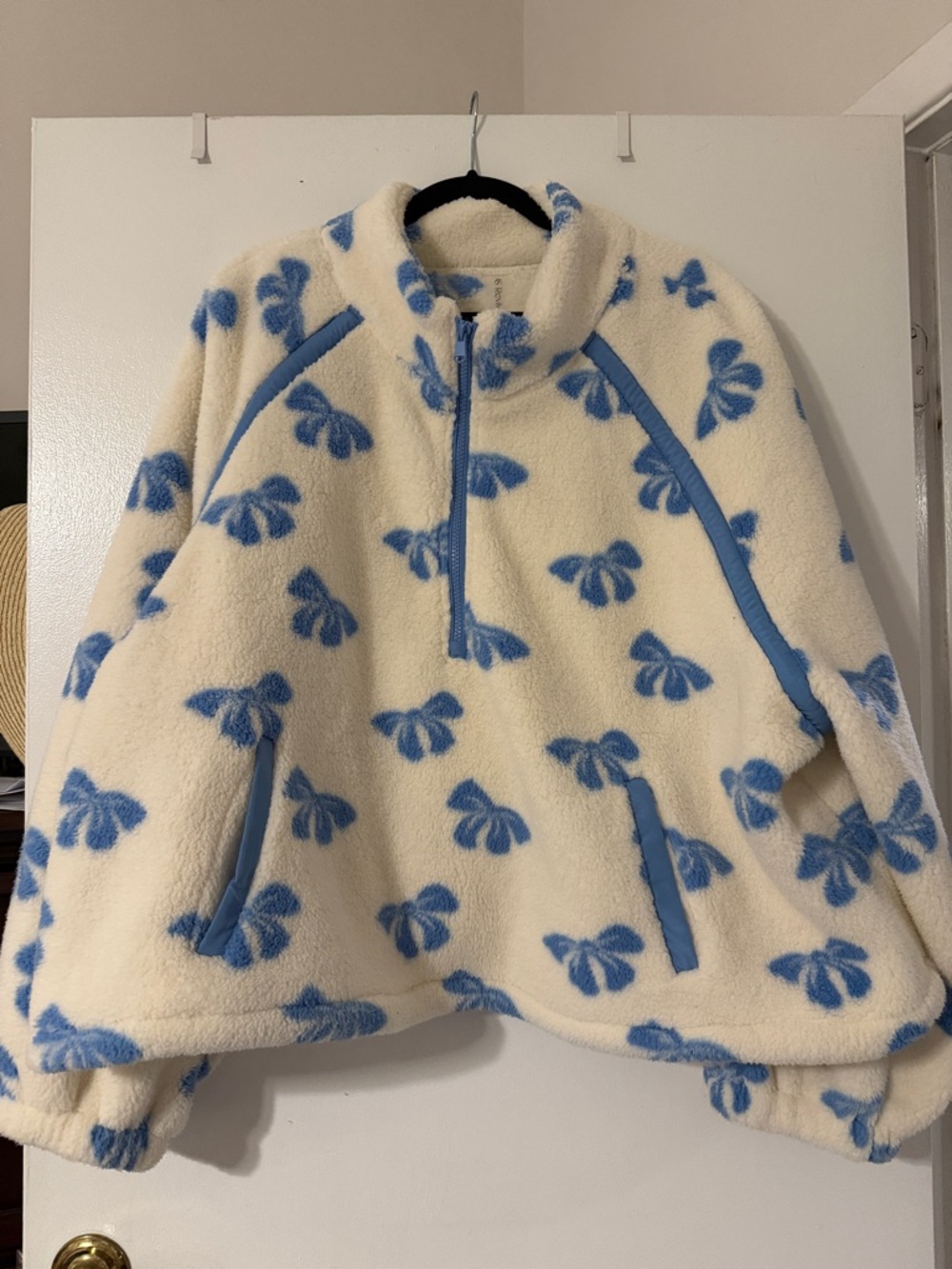 Altar'd State Cream Fleece Pullover with Blue Bow Print